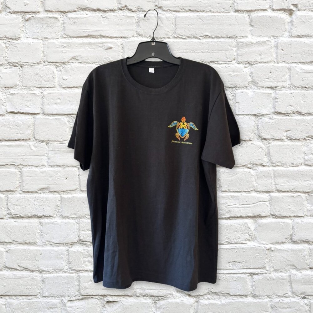 Men’s Large Black Graphic Tee – Roatán Honduras Tribal Turtle Print – Never Worn